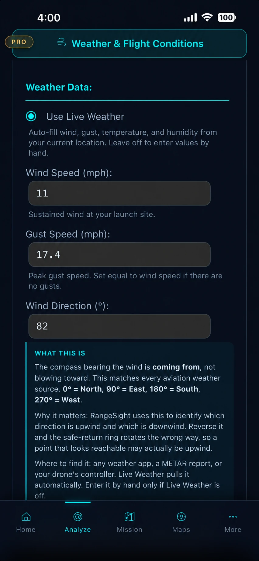 iPhone screenshot of the RangeSight weather and flight conditions panel