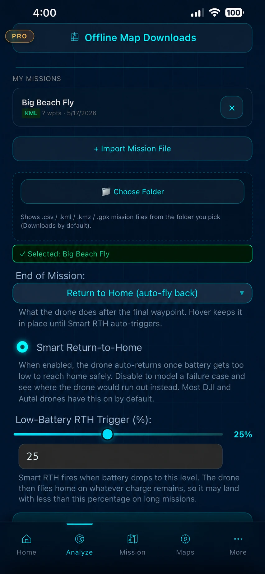 iPhone screenshot of an imported mission ready to analyze in RangeSight
