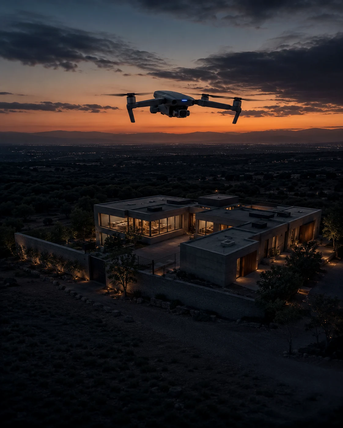 Drone photographing a modernist home at dusk, golden-amber sky