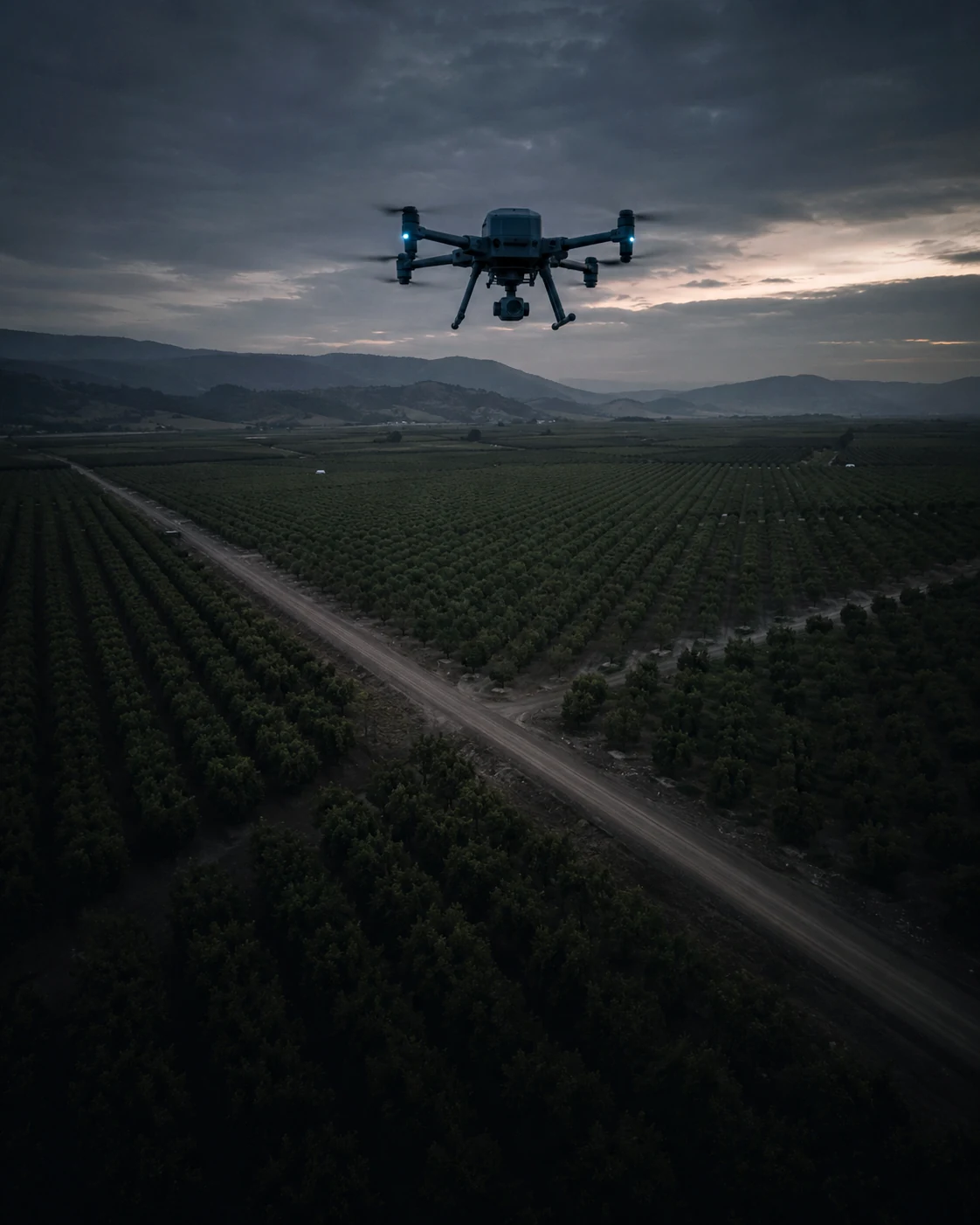 Drone flying over rows of vines or solar panels at dusk, low directional light
