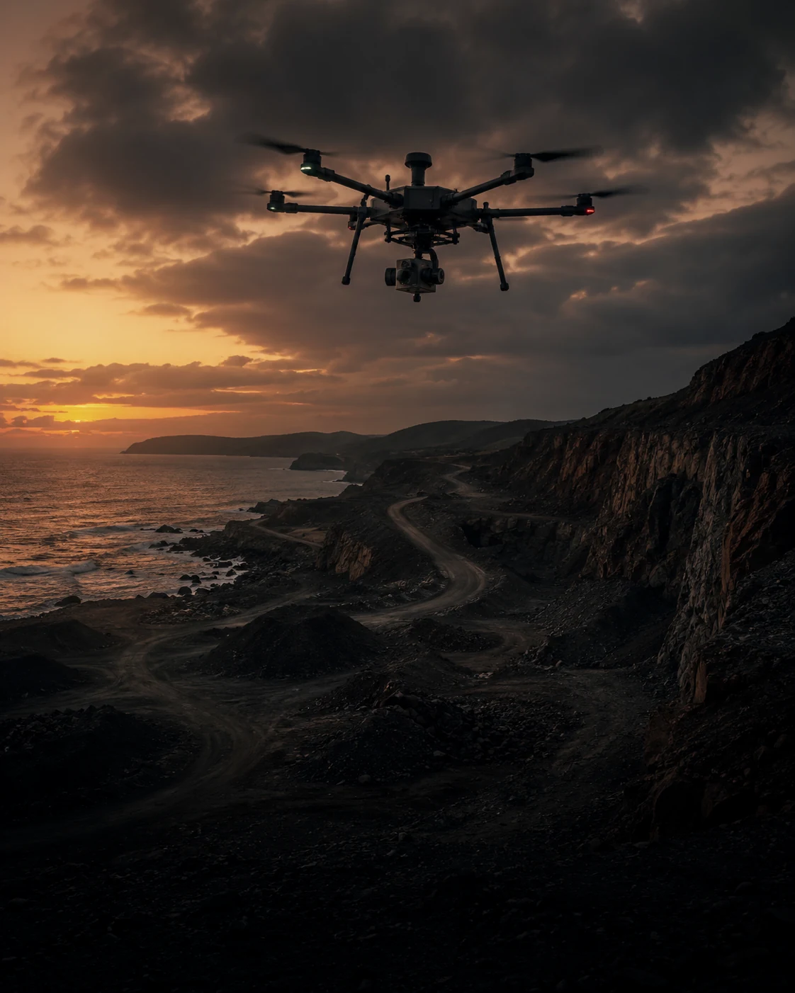 Drone over a coastal cliff with a winding dirt road carving the terrain
