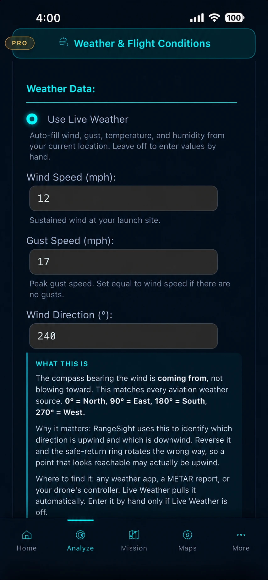 iPhone screenshot of the RangeSight Weather and Flight Conditions panel with Use Live Weather toggled on, wind 12 mph, gust 17, direction 240 degrees, and an inline explainer card describing what wind direction means