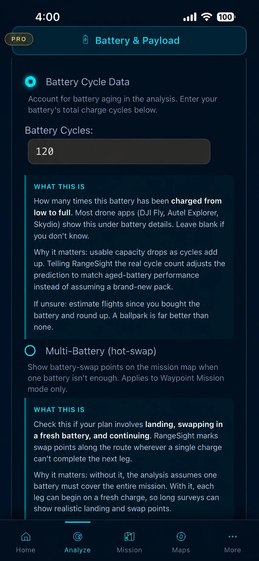 iPhone screenshot of the RangeSight Battery and Payload panel with Battery Cycle Data toggled on, 120 cycles entered, and explanatory cards about battery aging and multi-battery hot-swap missions