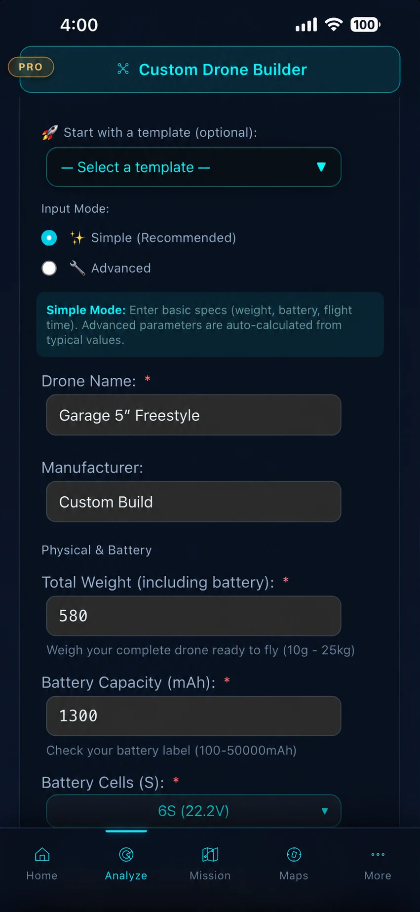 iPhone screenshot of the RangeSight Custom Drone Builder, Simple input mode, a 'Garage 5 inch Freestyle' custom build entered with 580 g weight, 1300 mAh battery, 6S cells, an inline Simple Mode explainer card