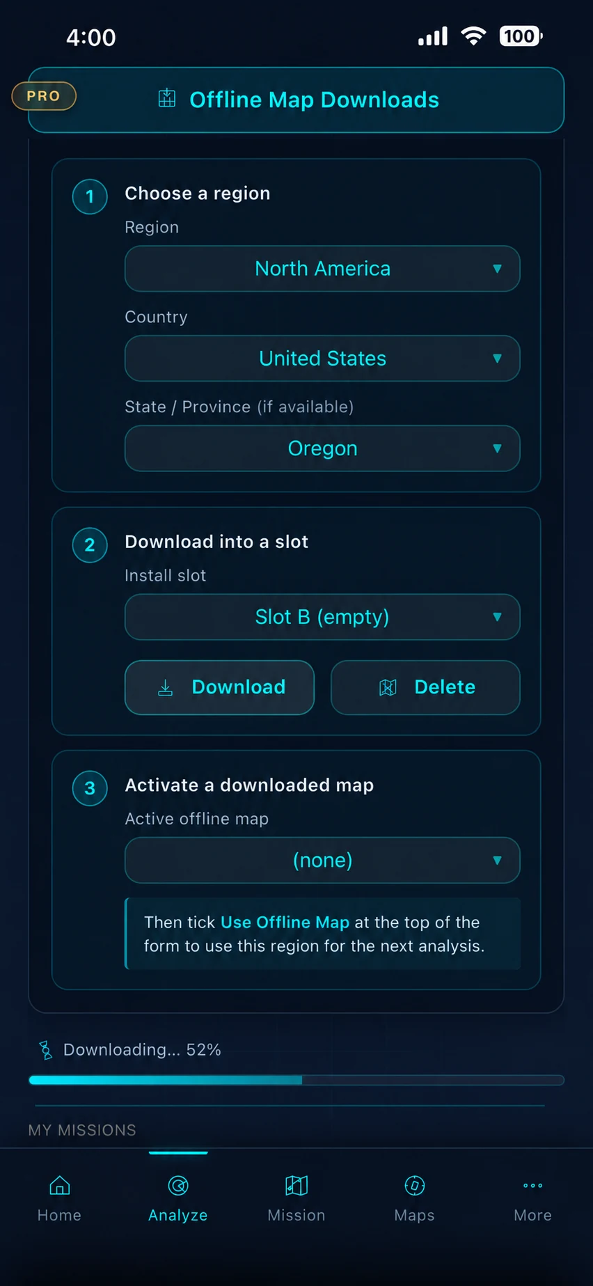 iPhone screenshot of the RangeSight Offline Map Downloads screen, showing a three-step workflow for choosing a region (North America, United States, Oregon), downloading into a slot, and activating a downloaded map, with a 52 percent download in progress at the bottom