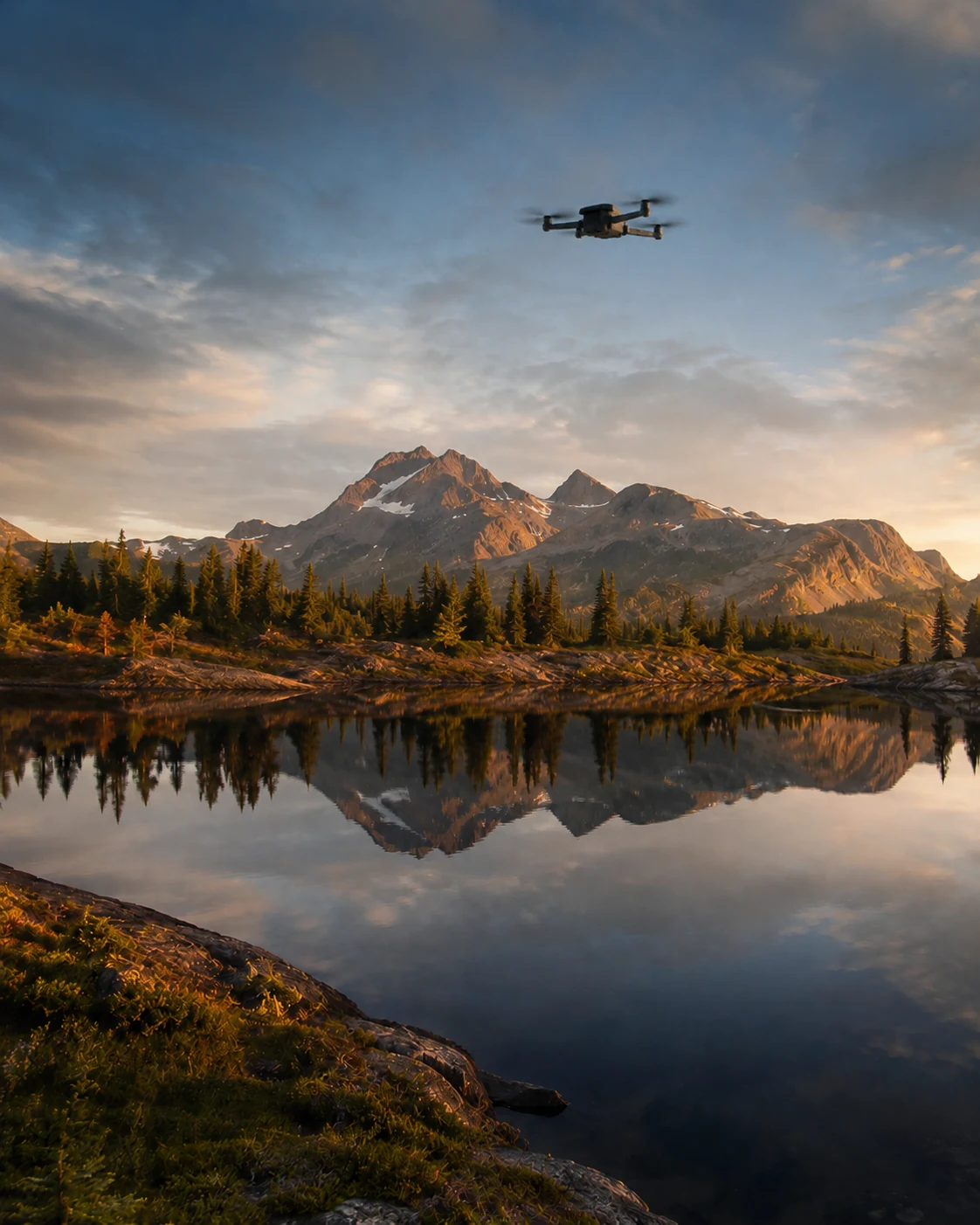 A small consumer drone hovering high above a still alpine lake at golden hour, mountain ridge in the distance reflected in the calm water, pine trees along the shoreline