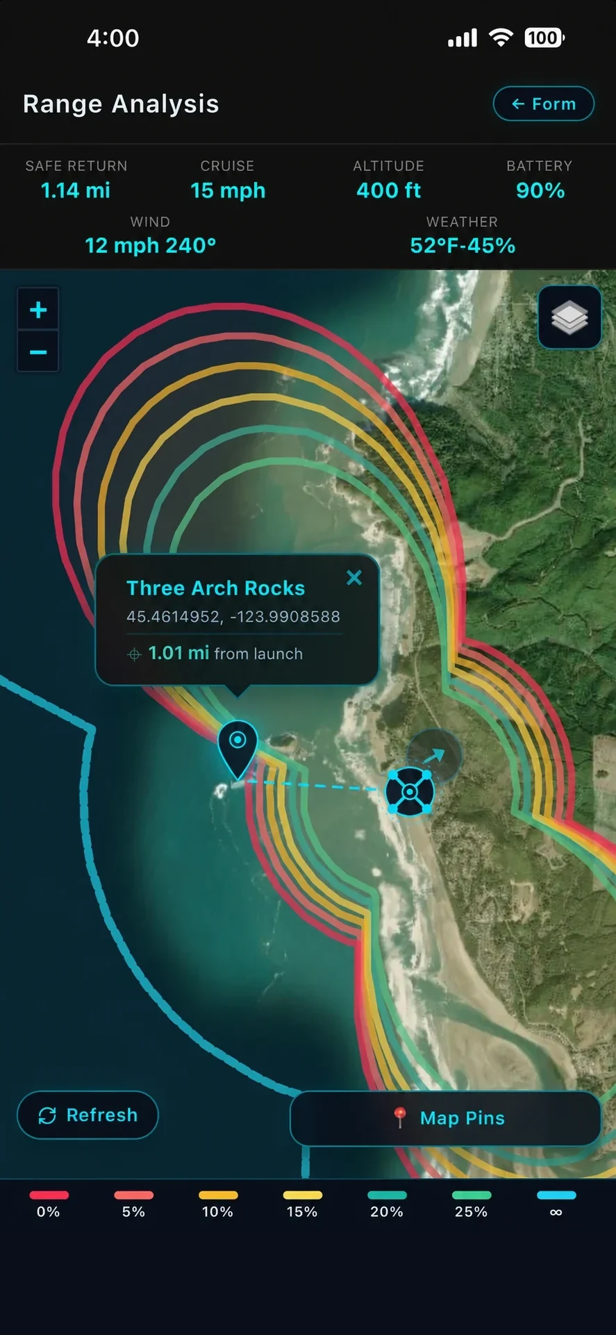 iPhone screenshot of the RangeSight Range Analysis Map, wind-shaped safe-return rings around a launch point at Three Arch Rocks with the six colour-graded reserve tiers visible from inner safe zone to outer no-return edge